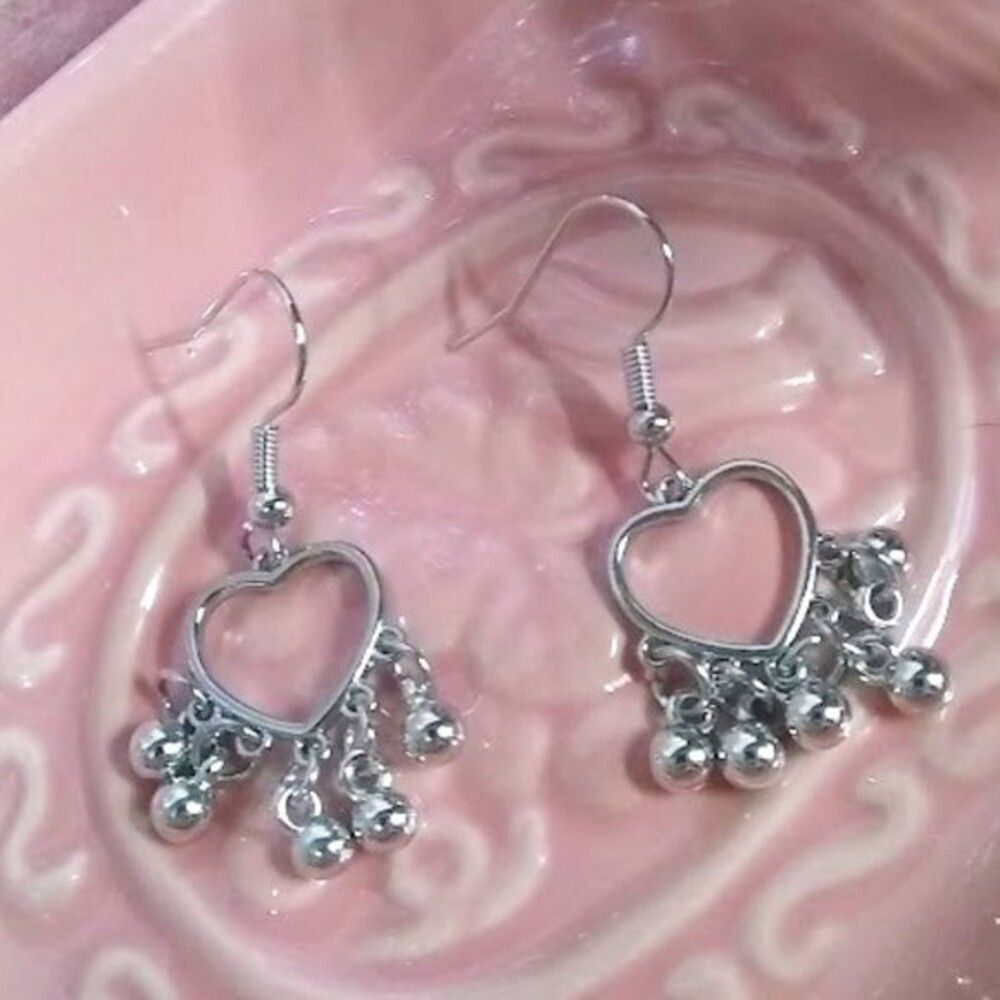 Silvery Valentine Heart & Tiny Spheres Drop Earrings